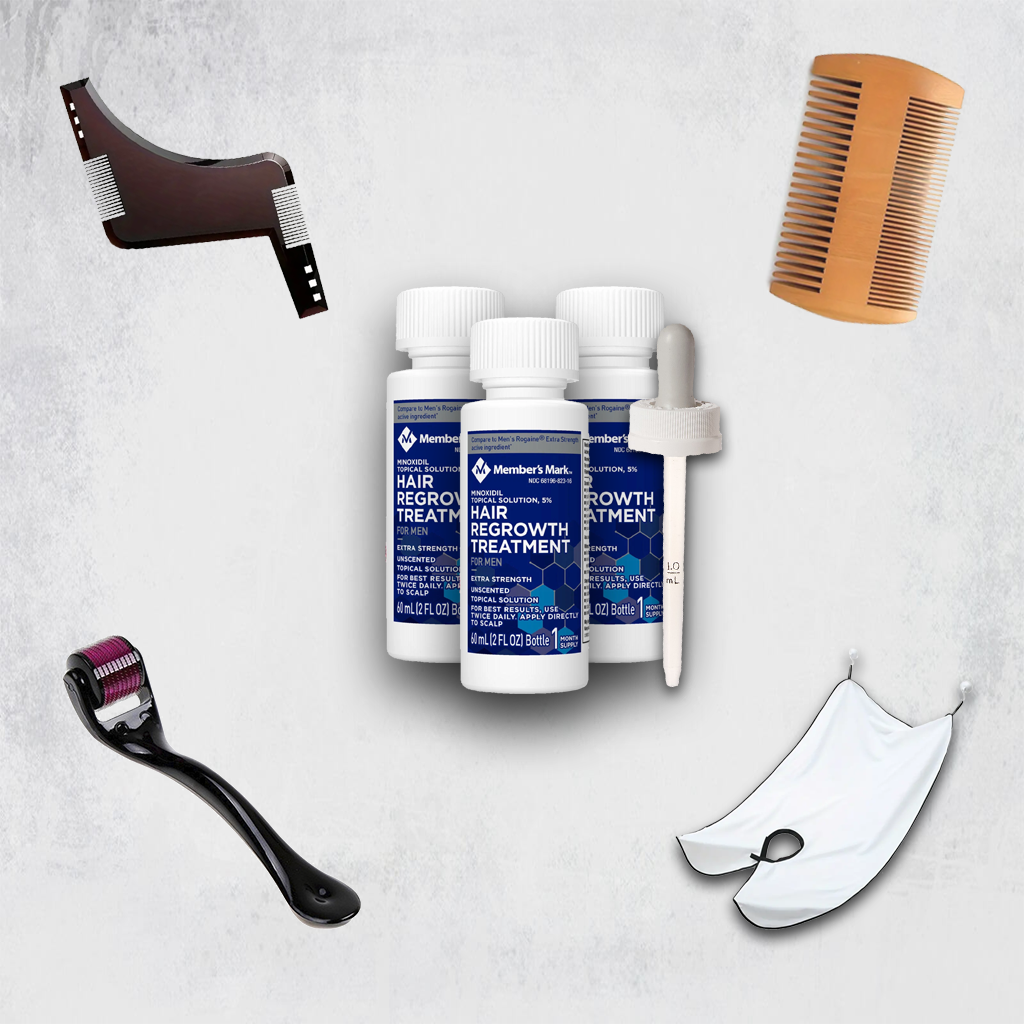 KIT BARBA - 3 Frascos Minoxidil + Dermaroller + Pente + Avental + Modelador + Aplicador Original - Minoxidil Portugal